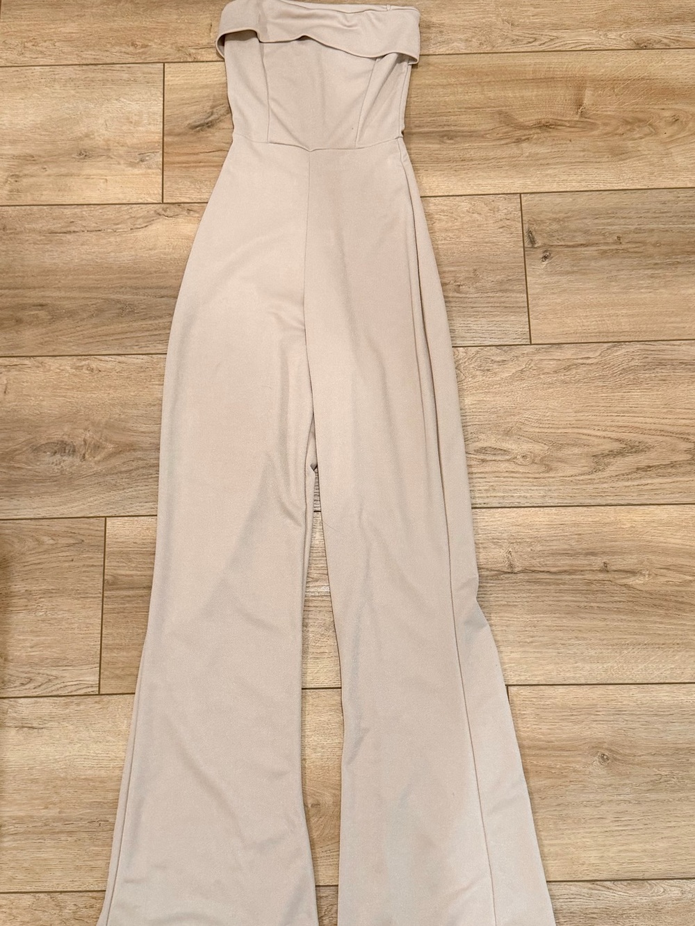 PrettyLittleThing Strapless Fold-Over Wide Leg Jumpsuit in Beige